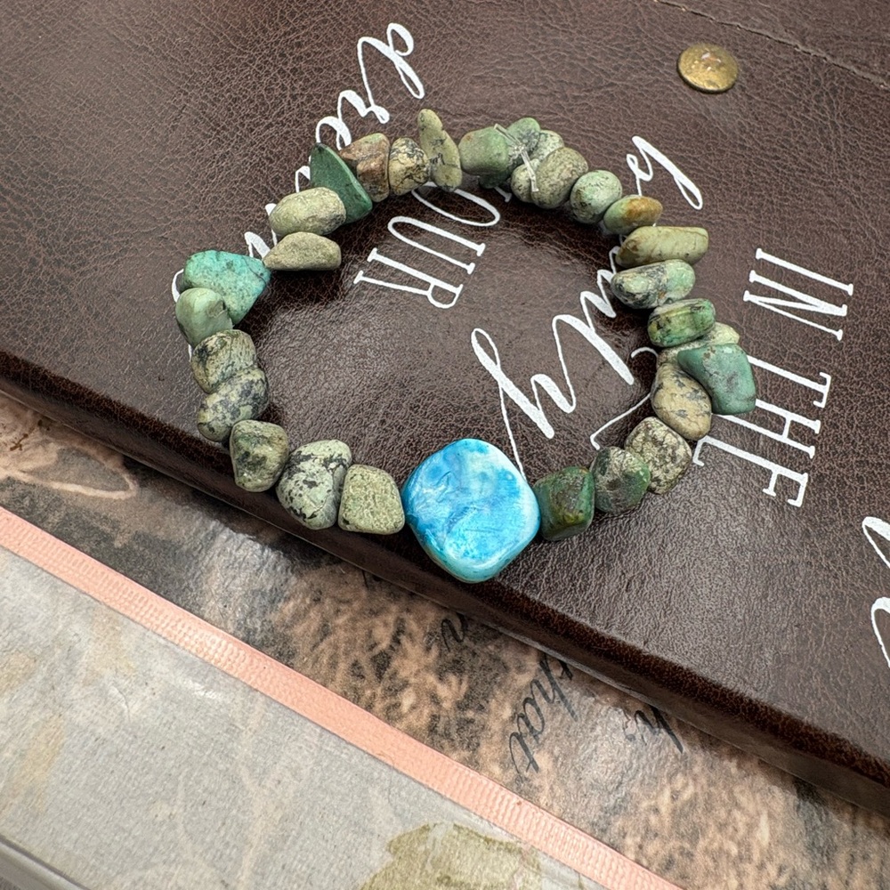 Handmade African Turquoise Gemstone Bracelet w/ Natural Shell Center